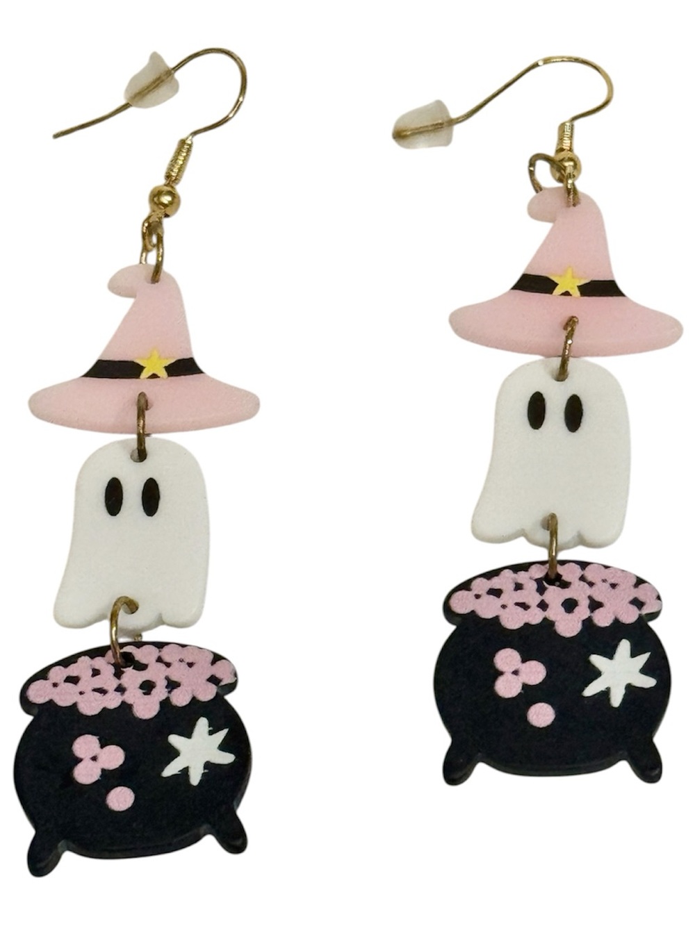 NWT Halloween Pink Witch Hat Ghost & Cauldron Dangle Pierced Earrings
